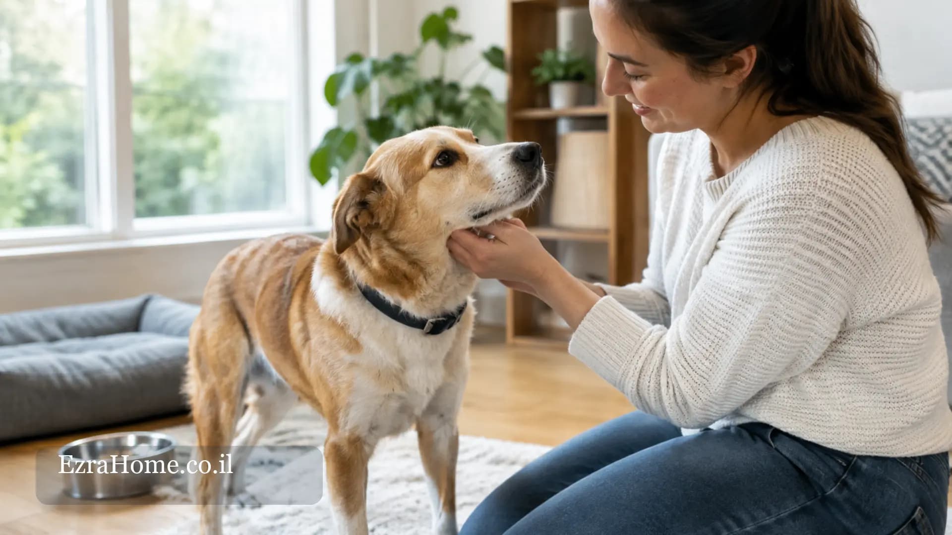 A dog meets a caregiver in a pleasant home environment before staying at a dog boarding service
