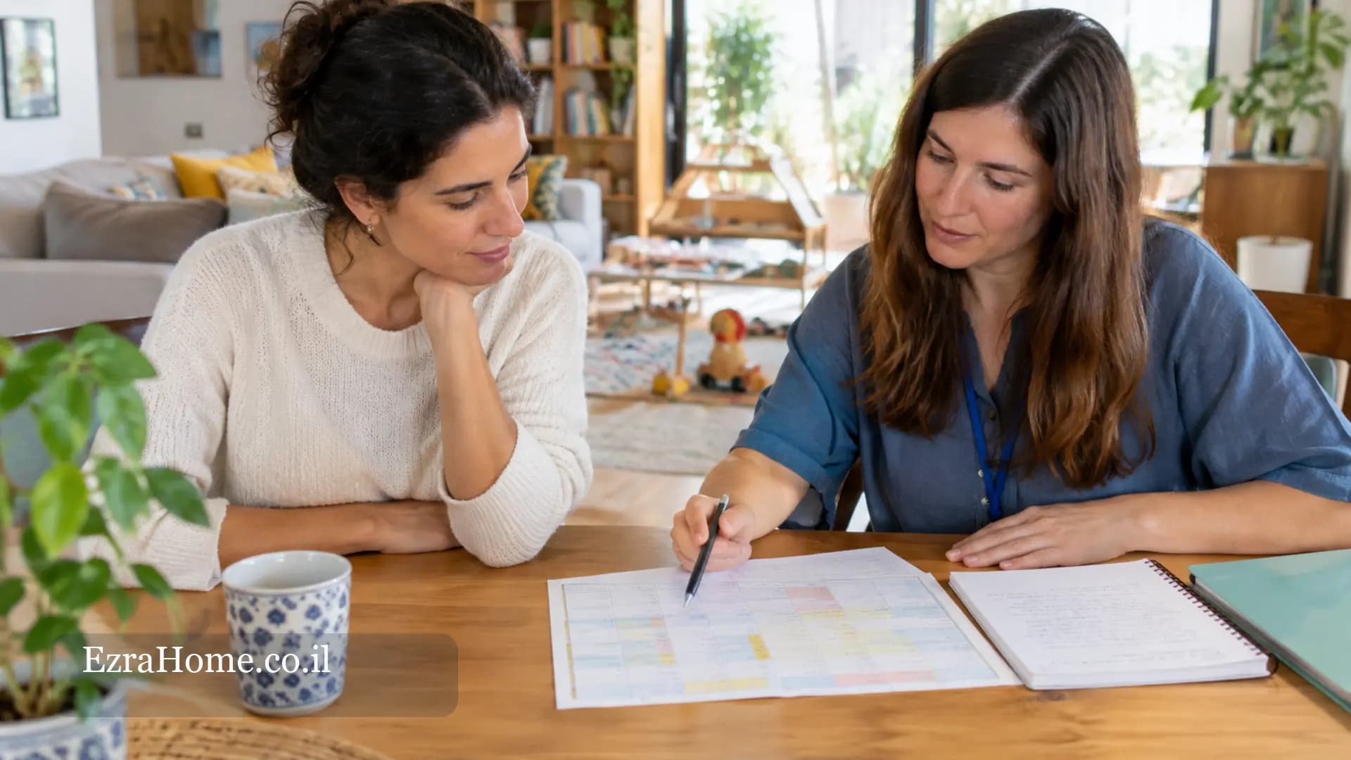 Un parent et une nounou examinent les détails du travail et l’emploi du temps dans une maison familiale